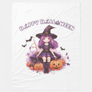 Happy Halloween Purple Witch Pumpkins & Bats Fleece Blanket