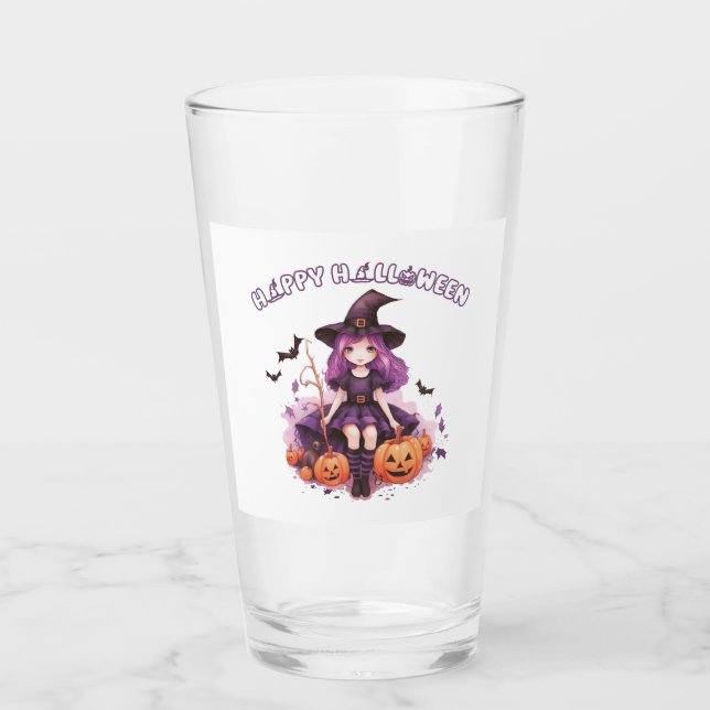 Happy Halloween Purple Witch Pumpkins & Bats Glass (Front)