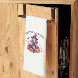 Happy Halloween Purple Witch Pumpkins & Bats Kitchen Towel