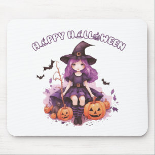 Happy Halloween Purple Witch Pumpkins & Bats Mouse Pad