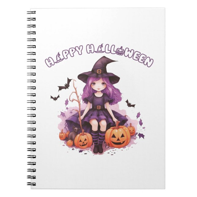 Happy Halloween Purple Witch Pumpkins & Bats Notebook (Front)