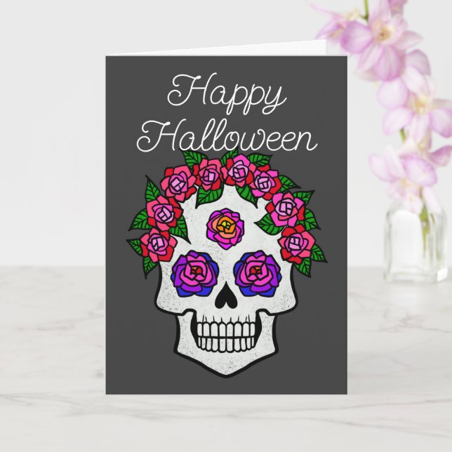 Happy Halloween Rainbow Skull with Roses Card (Orchid)
