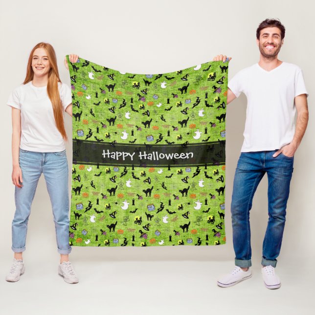 Happy Halloween Random Iconic Pattern Green Fleece Blanket (In Situ)