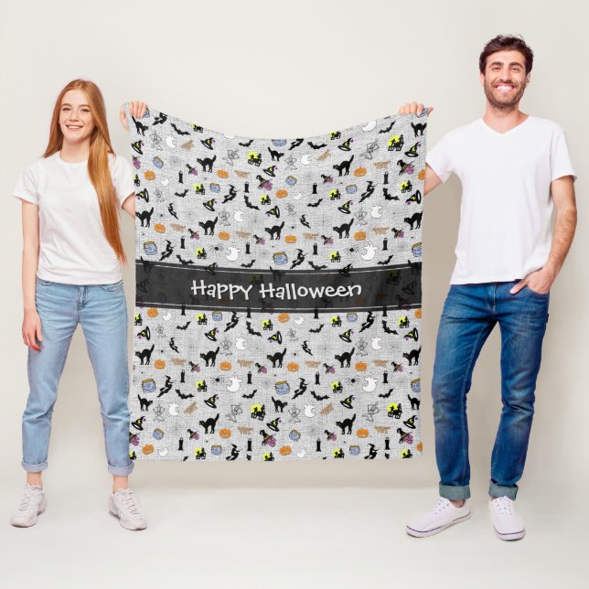Happy Halloween Random Iconic Pattern Grey Fleece Blanket (In Situ)