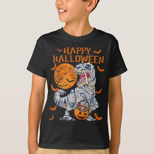 Happy Halloween Retro Dinosaur Pumpkin Mummy T-Shirt (Front)