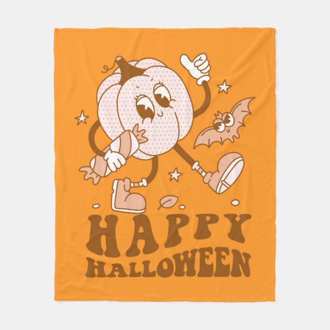Happy Halloween| Retro Polka Dot Pumpkin Fleece Blanket (Front)