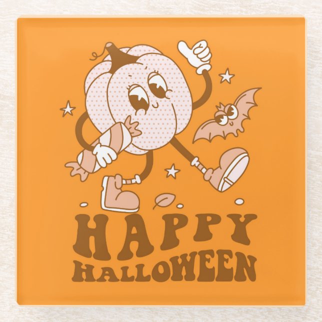 Happy Halloween| Retro Polka Dot Pumpkin Glass Coaster (Front)