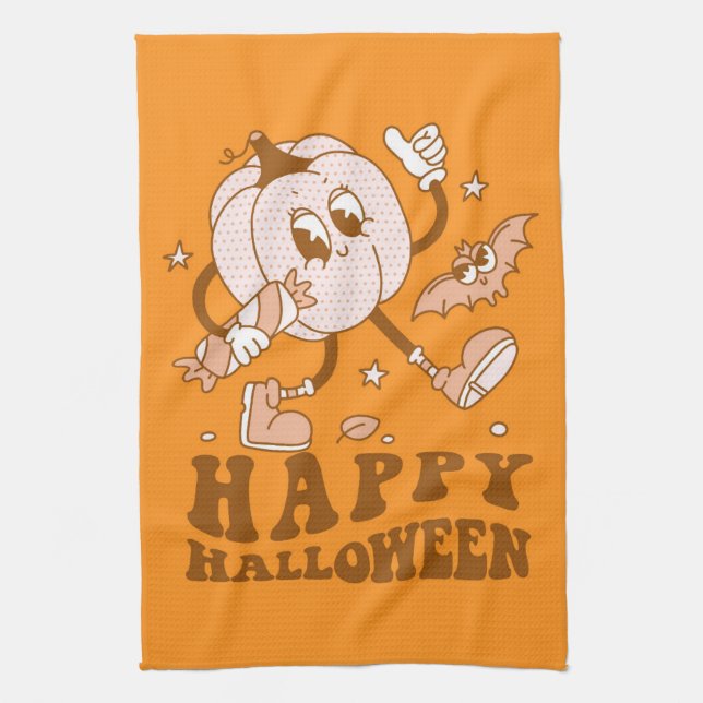 Happy Halloween| Retro Polka Dot Pumpkin Kitchen Towel (Vertical)