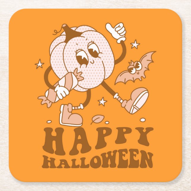 Happy Halloween| Retro Polka Dot Pumpkin Square Paper Coaster (Front)