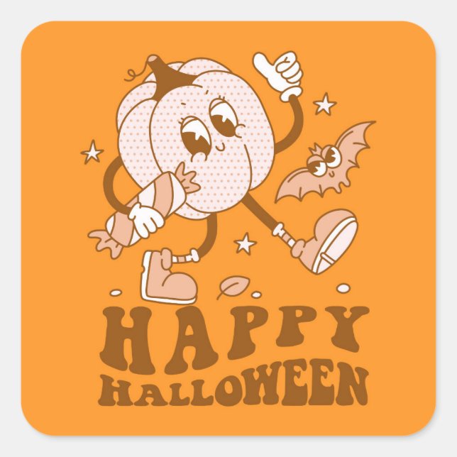 Happy Halloween| Retro Polka Dot Pumpkin Square Sticker (Front)
