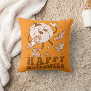 Happy Halloween Retro Polka Dot Pumpkin Throw Pillow