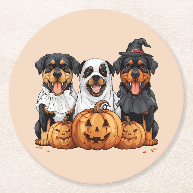 Happy Halloween Rottweiler Dogs Jack O Lantern Round Paper Coaster (Front)
