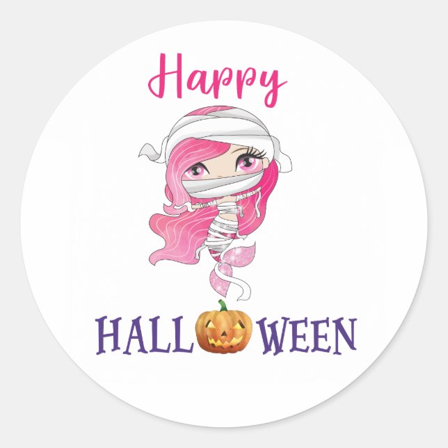 Happy Halloween round sticker Girl Mermaid sticker (Front)
