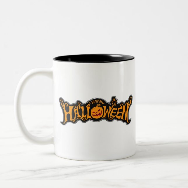 Happy Halloween Ruby Eye Pumpkin Silver Frame Two-Tone Coffee Mug (Left)