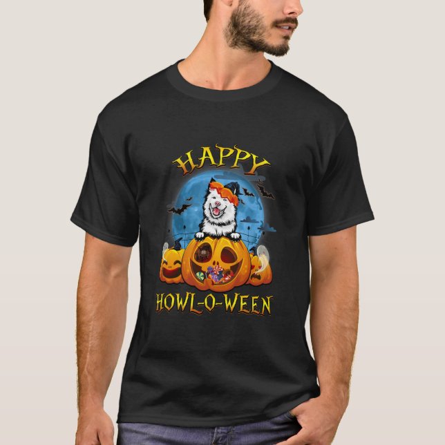 Happy Halloween Samoyed With Moon Pumpkin Dog T-Shirt (Front)