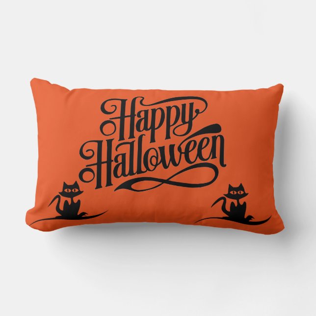Happy Halloween Scary Cat Orange Throw Lumbar Pillow (Front)