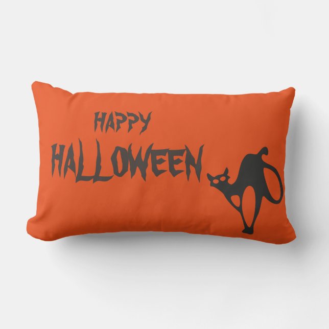 Happy Halloween Scary Cat Orange Throw Lumbar Pillow (Front)