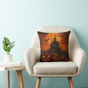 Happy Halloween Scary night with pumpkin bat witch Throw Pillow