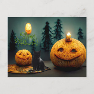 Happy Halloween Scary Pumpkins and Black Cat Postcard