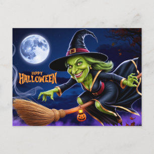 Happy Halloween Scary Witch on Broom  Holiday Postcard