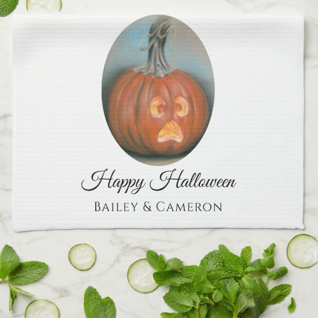 Happy Halloween Screaming Jack O Lantern Pumpkin Kitchen Towel (Folded)