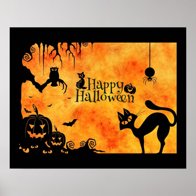 Happy Halloween Silhouette Black Cat and Friends Poster (Front)