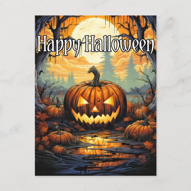Happy Halloween Sinister Glowing Pumpkin In Autumn Postcard (Front)