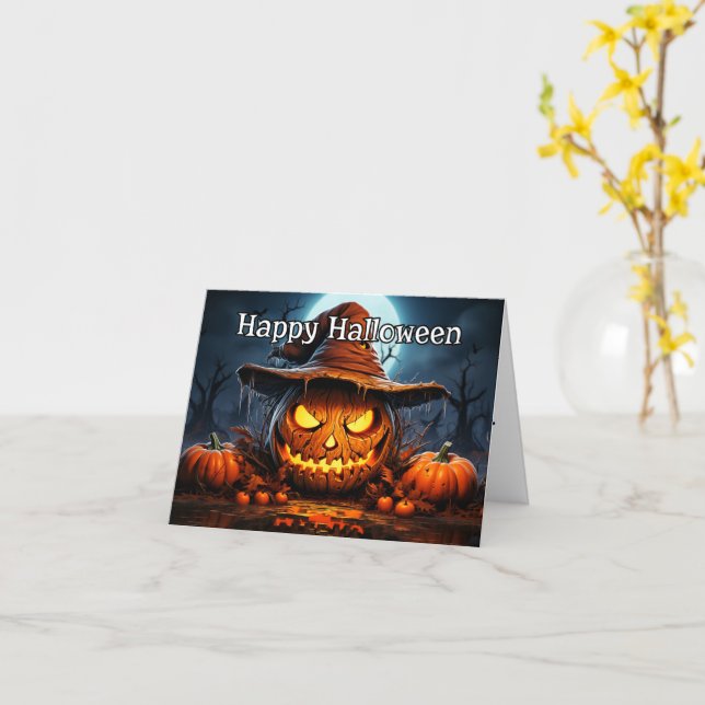 Happy Halloween | Sinister Pumpkin Illustration Card (Yellow Flower)