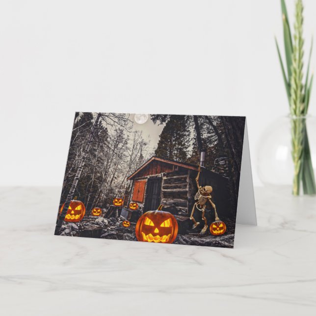 Happy Halloween skeleton and pumpkins Holiday Card (Front)