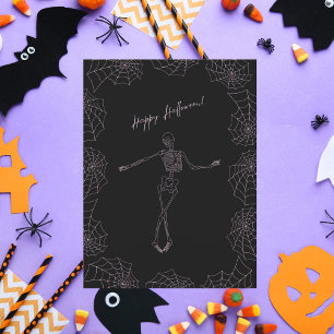Happy Halloween Skeleton and Spider Webs Postcard