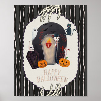 Happy Halloween Skeleton & Black Cat Vintage Desig Poster