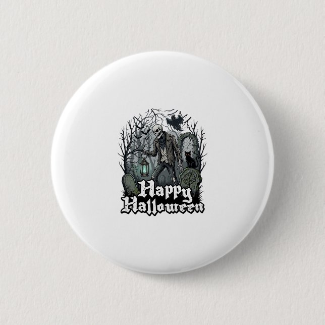 Happy Halloween Skeleton Lantern Black Cat Graveya 2 Inch Round Button (Front)
