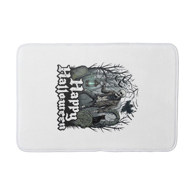Happy Halloween Skeleton Lantern Black Cat Graveya Bath Mat (Front)