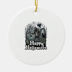 Happy Halloween Skeleton Lantern Black Cat Graveya Ceramic Ornament