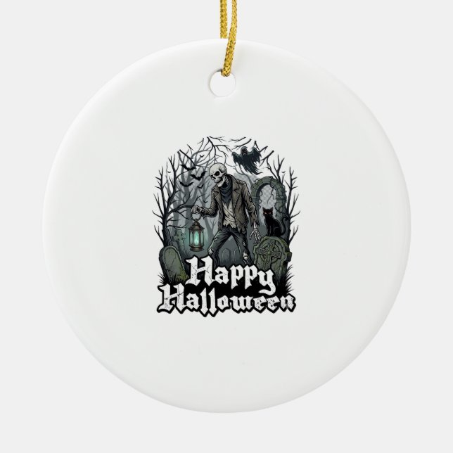 Happy Halloween Skeleton Lantern Black Cat Graveya Ceramic Ornament (Front)