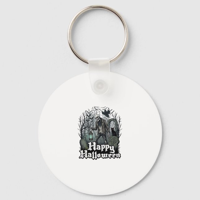 Happy Halloween Skeleton Lantern Black Cat Graveya Keychain (Front)