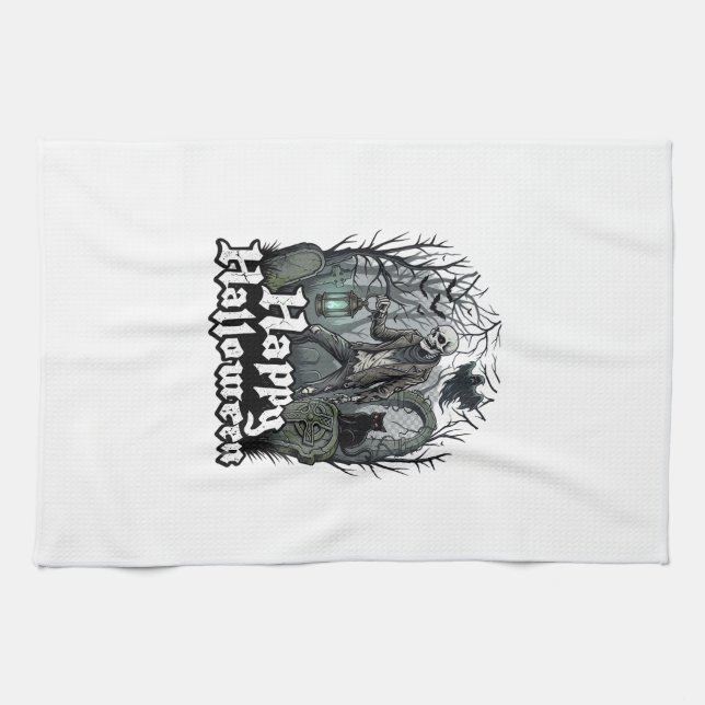 Happy Halloween Skeleton Lantern Black Cat Graveya Kitchen Towel (Horizontal)
