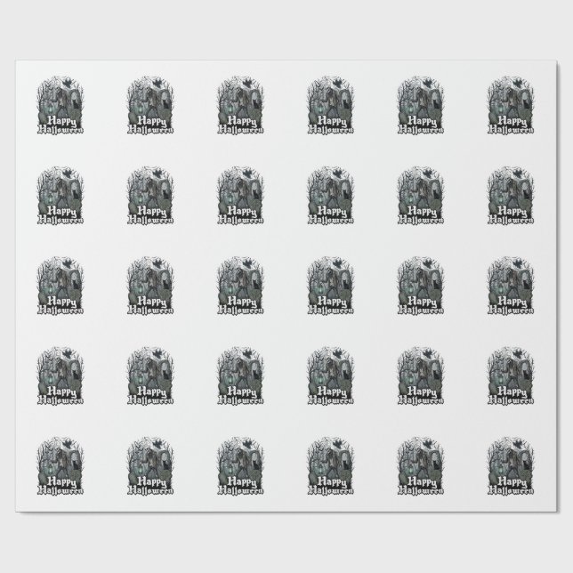 Happy Halloween Skeleton Lantern Black Cat Graveya Wrapping Paper (Flat)