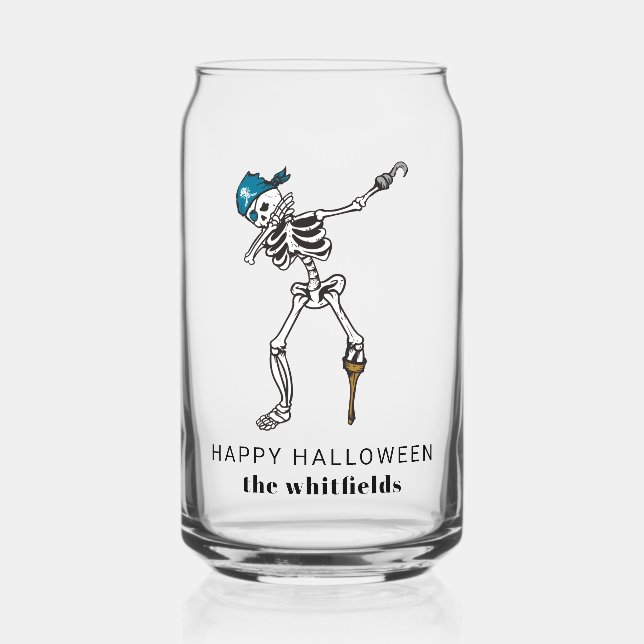 Happy Halloween Skeleton Pirate Dabbing Family Can Glass (Front)