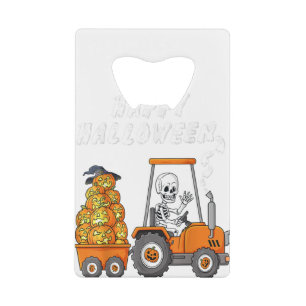 Happy Halloween Skeleton Riding Tractor Boys Kids Credit Card Bottle Opener