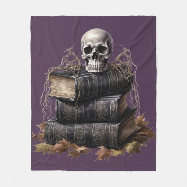 Happy Halloween Skull and Books Fleece Blanket (Front)