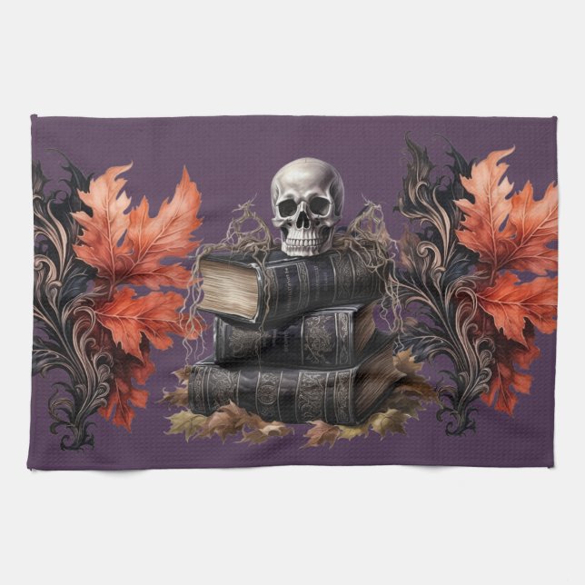 Happy Halloween Skull and Books Kitchen Towel (Horizontal)