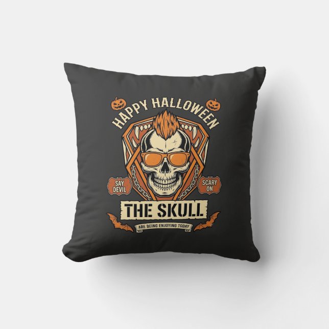 Happy Halloween Skull Mohawk Sunglasses Pumpkins B Throw Pillow (Front)
