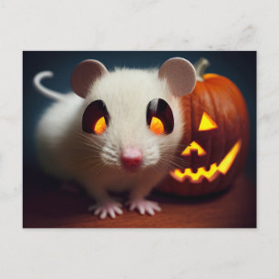 happy Halloween. Small cute mouse with pumpkin Postcard