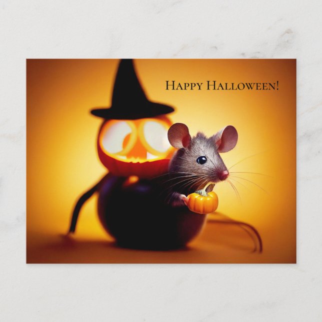 happy Halloween. Small cute mouse with pumpkin Postcard (Front)