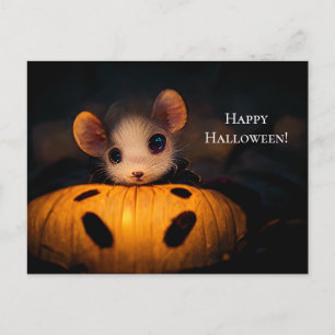 happy Halloween. Small cute mouse with pumpkin Postcard