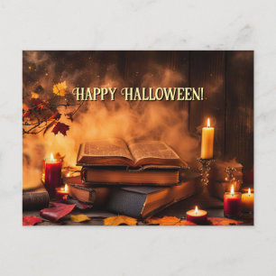 Happy Halloween Spellbooks and Candles Mystical Holiday Postcard