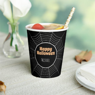 Happy Halloween Spider web Black and White w name Paper Cups