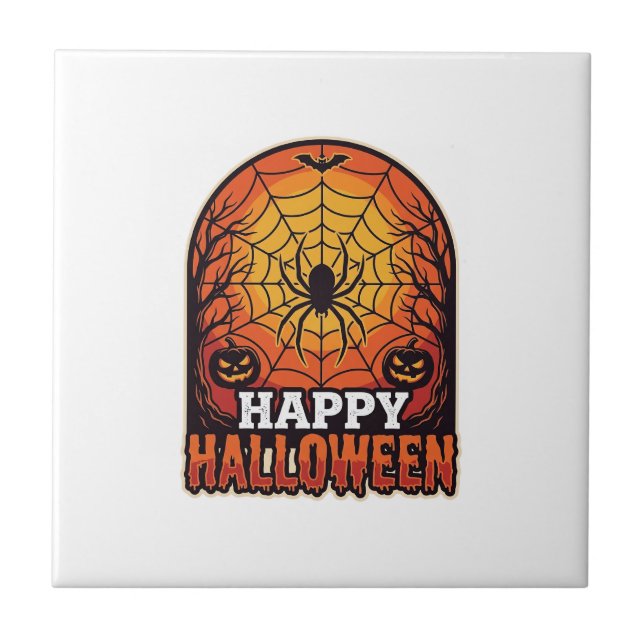 Happy Halloween Spider Web Vintage Engraving Desig Tile (Front)