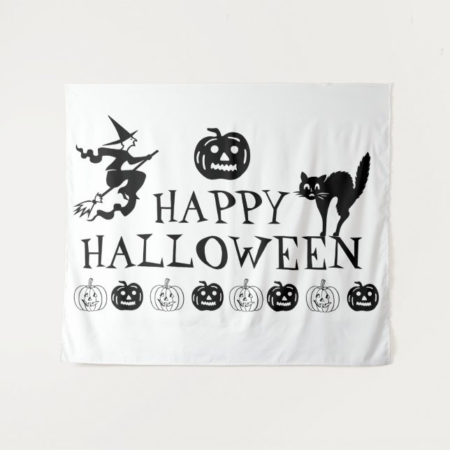 Happy Halloween spooky black white decor  Tapestry (Front (Horizontal))